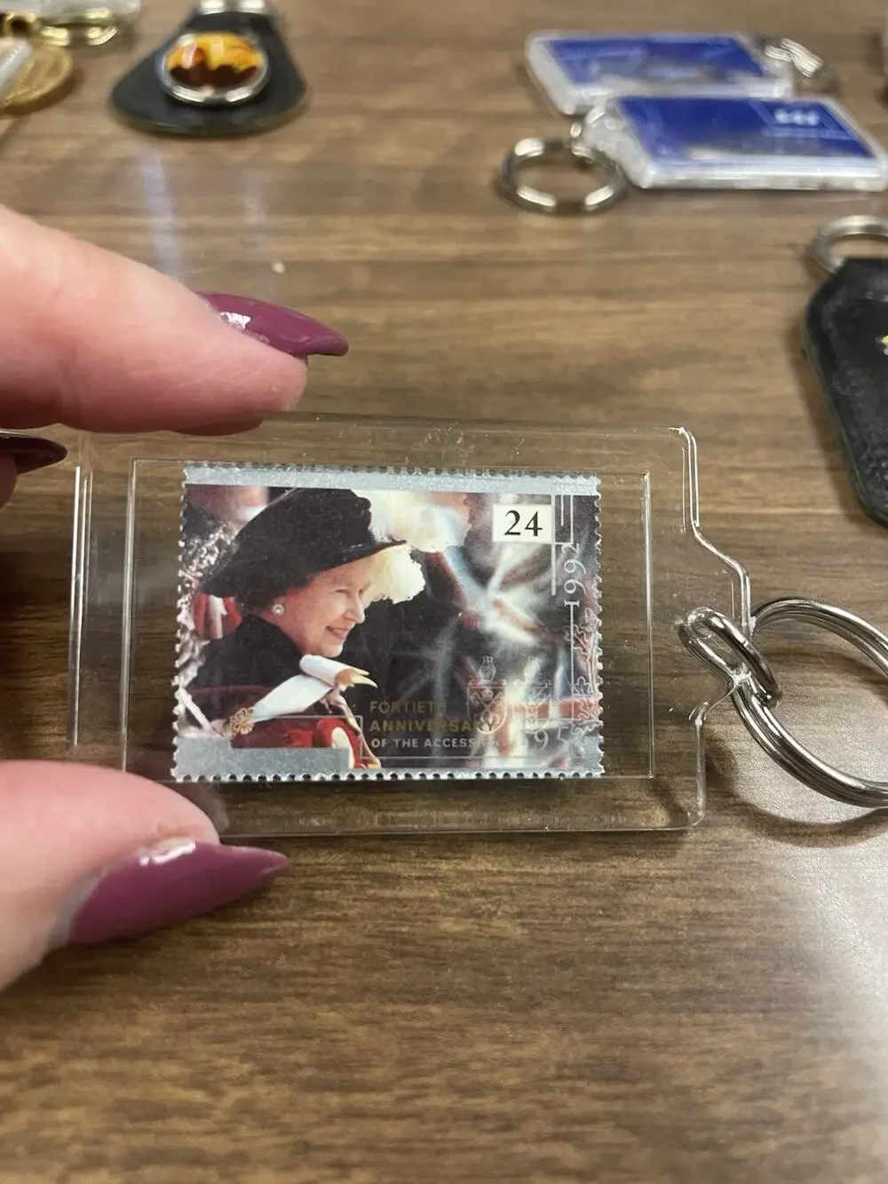 Vintage Queen Elizabeth II Stamp Keychain UK Royal Family Collectible